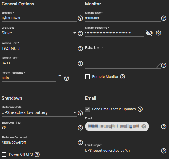 Screenshot of TrueNAS NUT settings