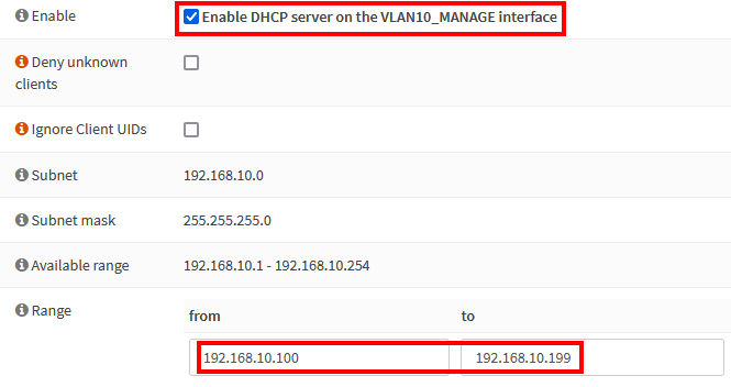 Screenshot of VLAN interface DHCP configuration