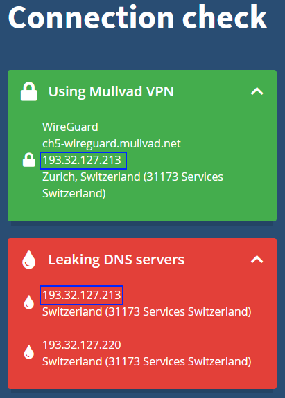 Screenshot of Mullvad DNS leak test for VPN network